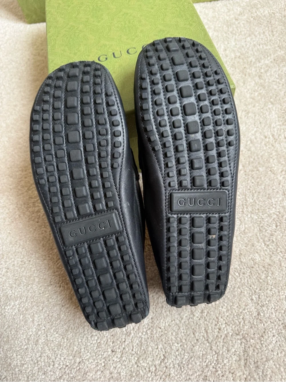 Gucci Black Leather Loafers with Green-Red Web & Gold Horsebit